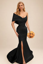 Rutipo Black One-Shoulder Sleeveless Sweep Train Satin Bridesmaid Dresses With Split Front