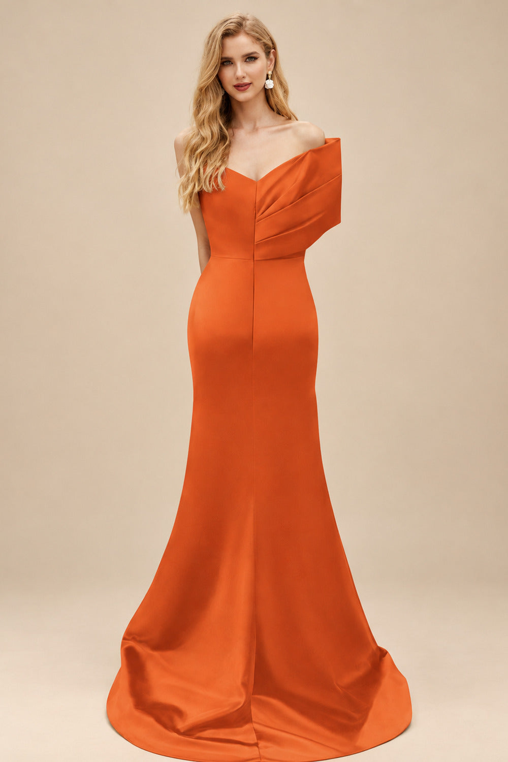 Rutipo Burnt Orange One-Shoulder Sleeveless Sweep Train Satin Bridesmaid Dresses With Split Front