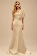 Rutipo Champagne One-Shoulder Sleeveless Sweep Train Satin Bridesmaid Dresses With Split Front