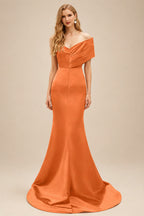 Rutipo Orange One-Shoulder Sleeveless Sweep Train Satin Bridesmaid Dresses With Split Front