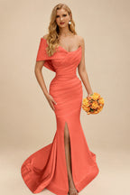 Rutipo Papaya One-Shoulder Sleeveless Sweep Train Satin Bridesmaid Dresses With Split Front