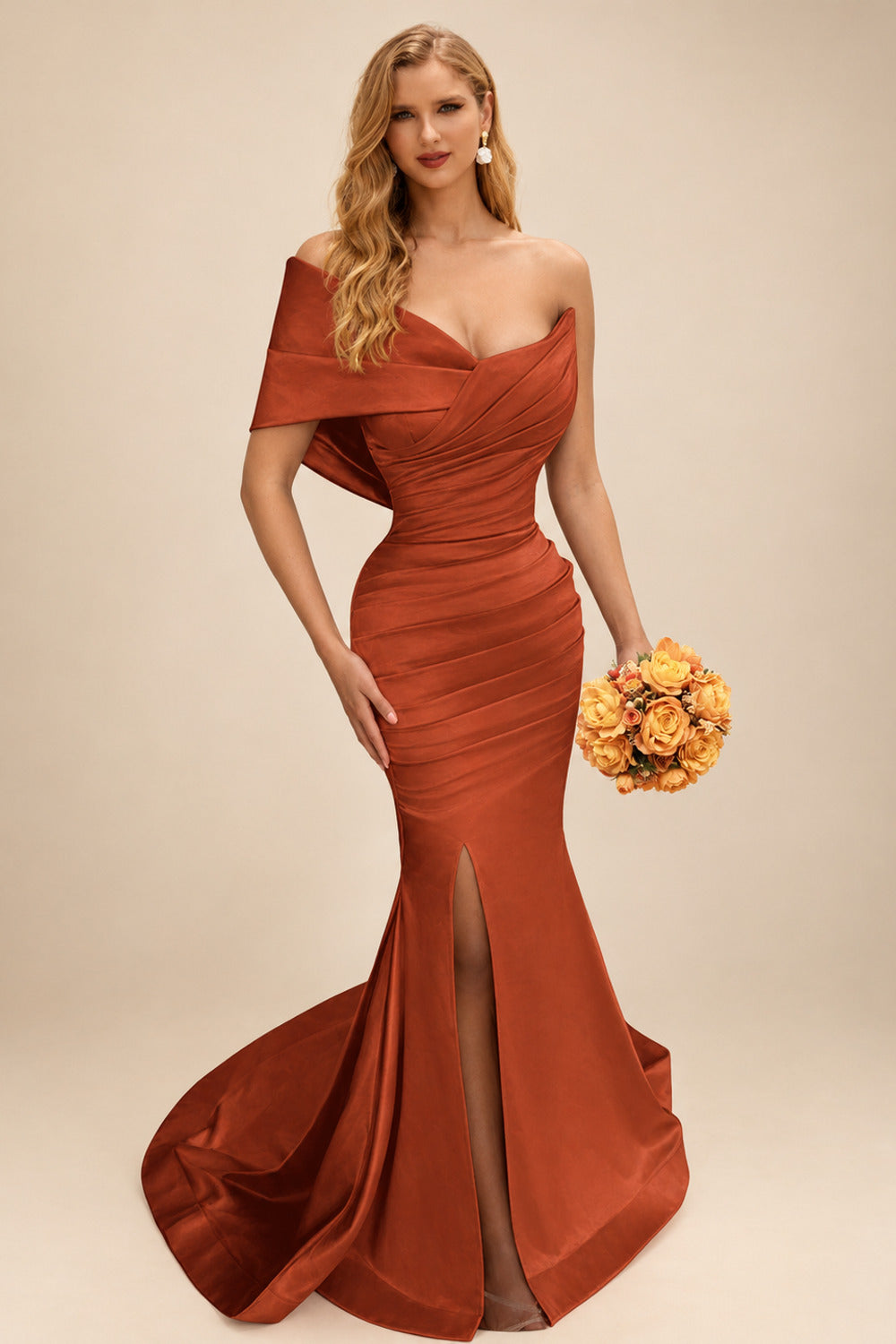 Rutipo Terracotta One-Shoulder Sleeveless Sweep Train Satin Bridesmaid Dresses With Split Front