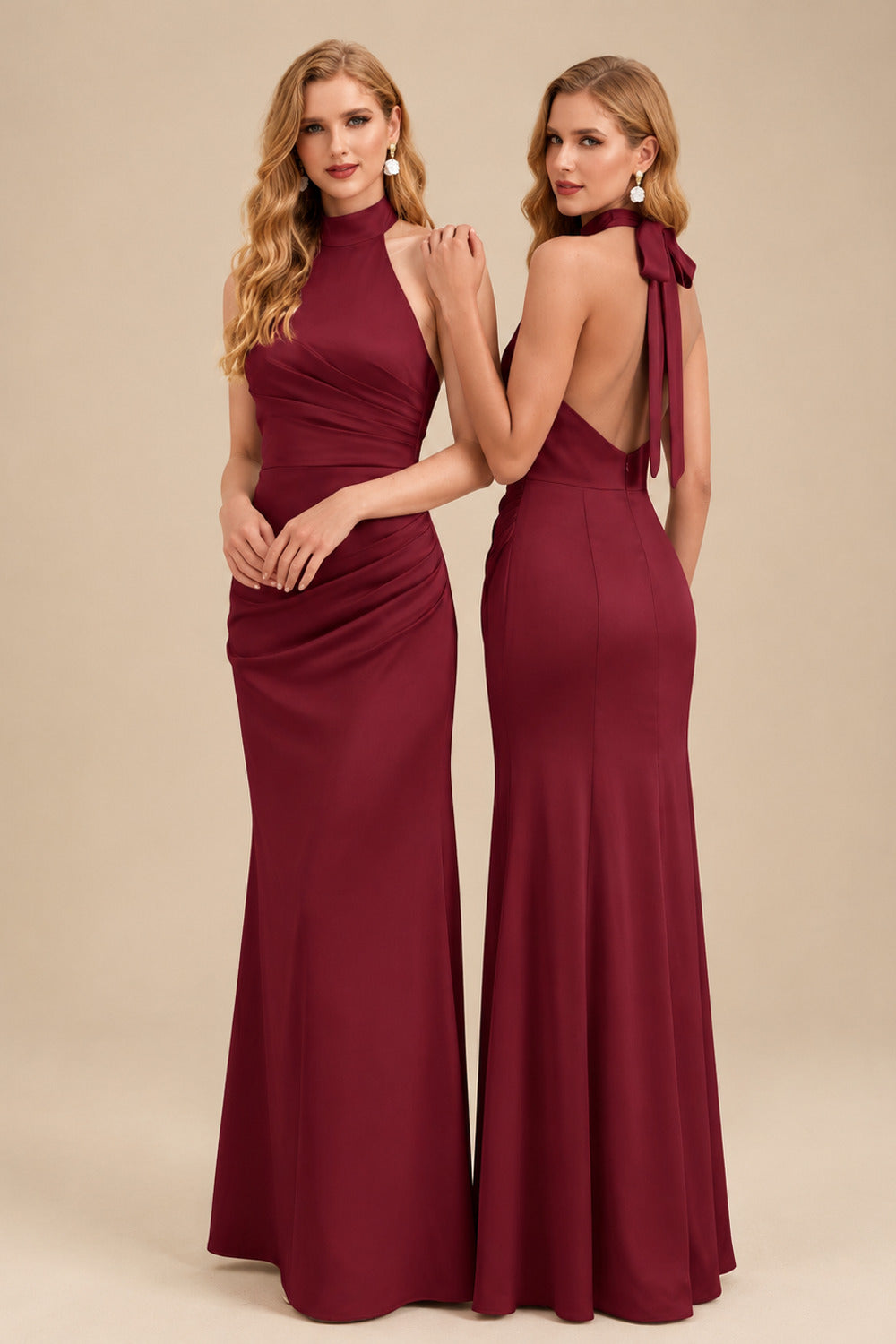 Rutipo Burgundy Sheath/Column Halter Sleeveless Floor-Length Matte Satin Bridesmaid Dresses