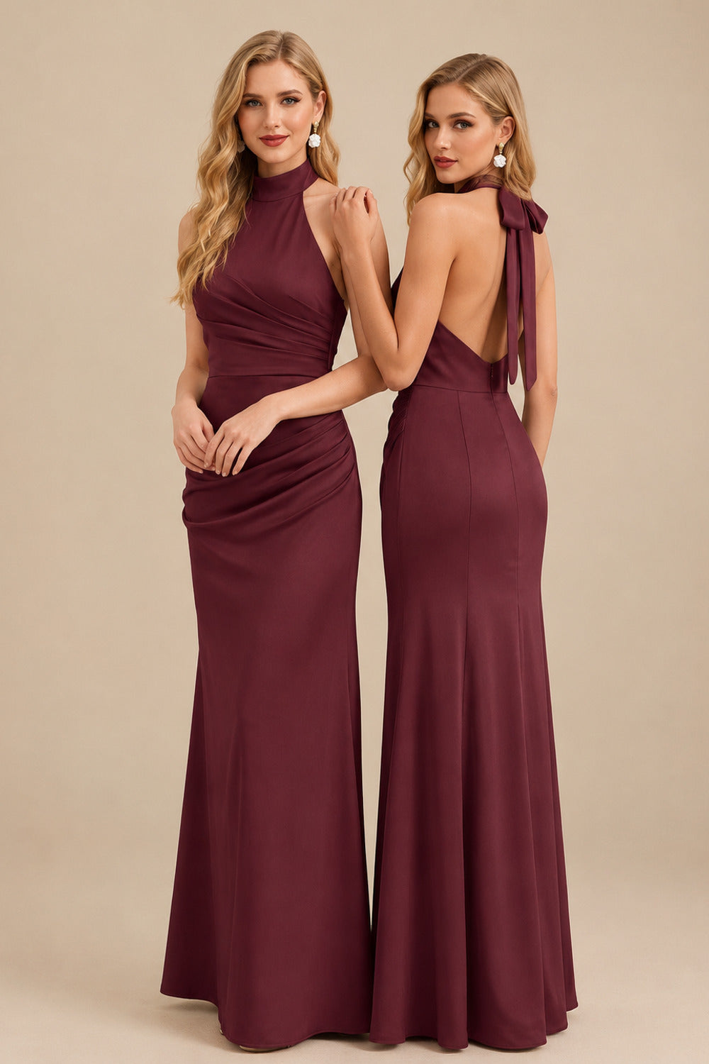 Rutipo Cabernet Sheath/Column Halter Sleeveless Floor-Length Matte Satin Bridesmaid Dresses
