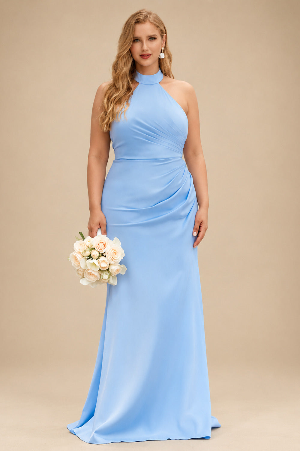 Rutipo Sky Blue Sheath/Column Halter Sleeveless Floor-Length Matte Satin Bridesmaid Dresses