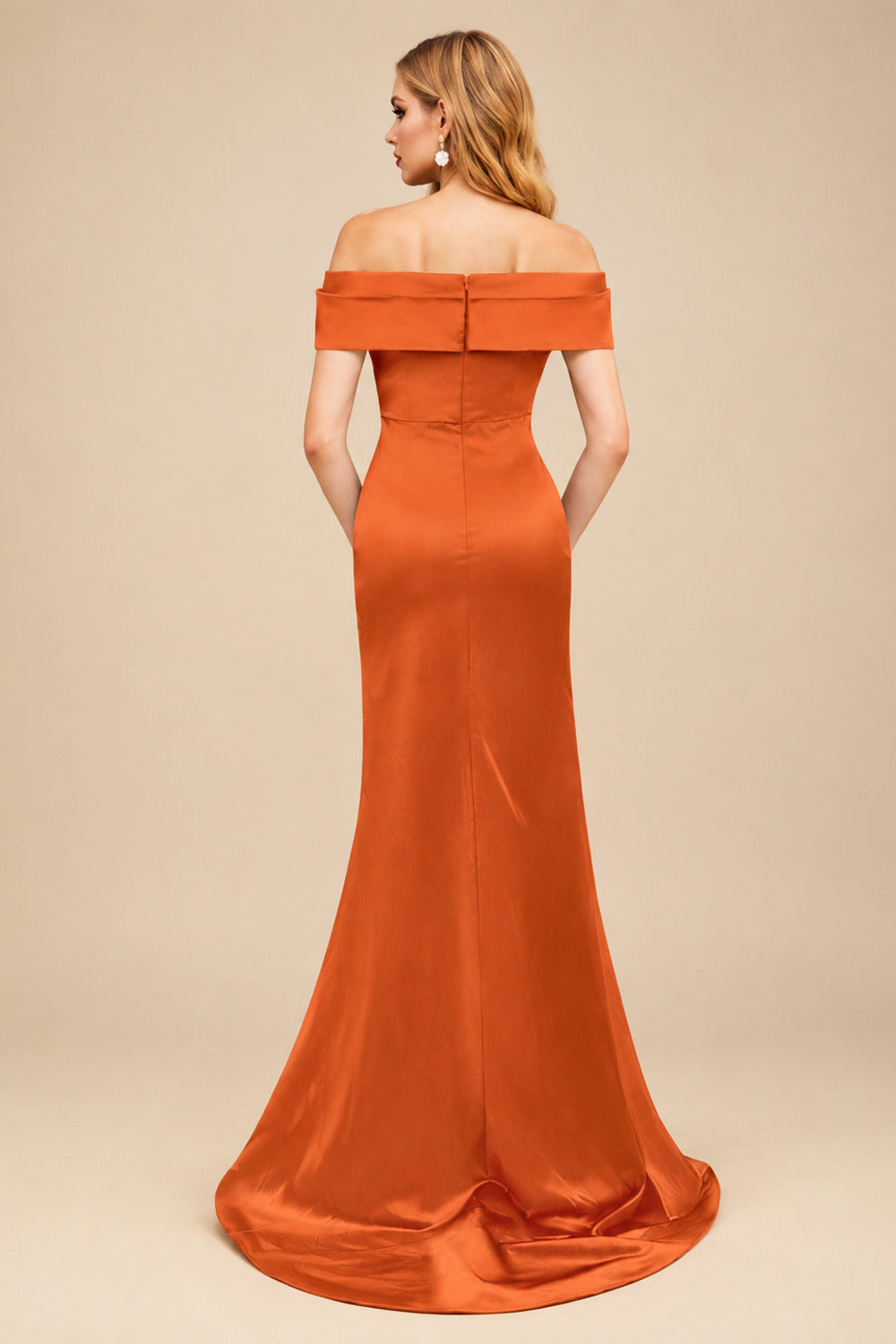 Rutipo Burnt Orange Trumpet/Mermaid Off-The-Shoulder Sleeveless Sweep Train Satin Bridesmaid Dresses