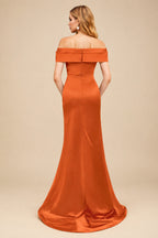 Rutipo Burnt Orange Trumpet/Mermaid Off-The-Shoulder Sleeveless Sweep Train Satin Bridesmaid Dresses