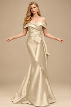 Rutipo Champagne Trumpet/Mermaid Off-The-Shoulder Sleeveless Sweep Train Satin Bridesmaid Dresses