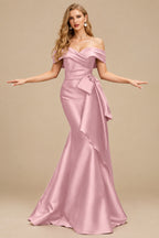 Rutipo Dusty Rose Trumpet/Mermaid Off-The-Shoulder Sleeveless Sweep Train Satin Bridesmaid Dresses