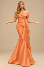 Rutipo Orange Trumpet/Mermaid Off-The-Shoulder Sleeveless Sweep Train Satin Bridesmaid Dresses