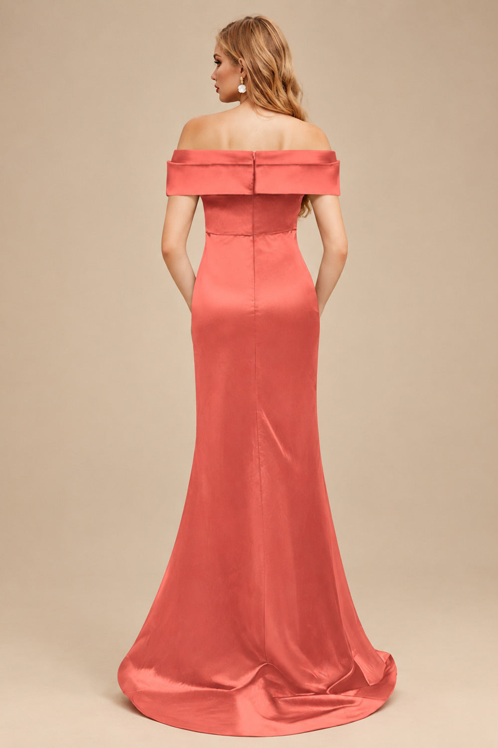 Rutipo Papaya Trumpet/Mermaid Off-The-Shoulder Sleeveless Sweep Train Satin Bridesmaid Dresses