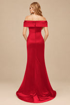 Rutipo Red Trumpet/Mermaid Off-The-Shoulder Sleeveless Sweep Train Satin Bridesmaid Dresses