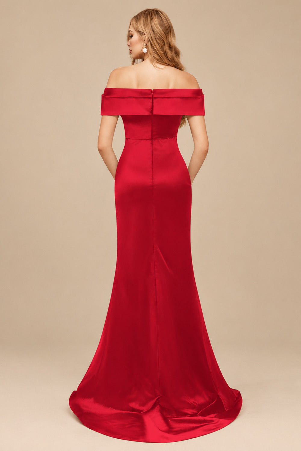 Rutipo Red Trumpet/Mermaid Off-The-Shoulder Sleeveless Sweep Train Satin Bridesmaid Dresses