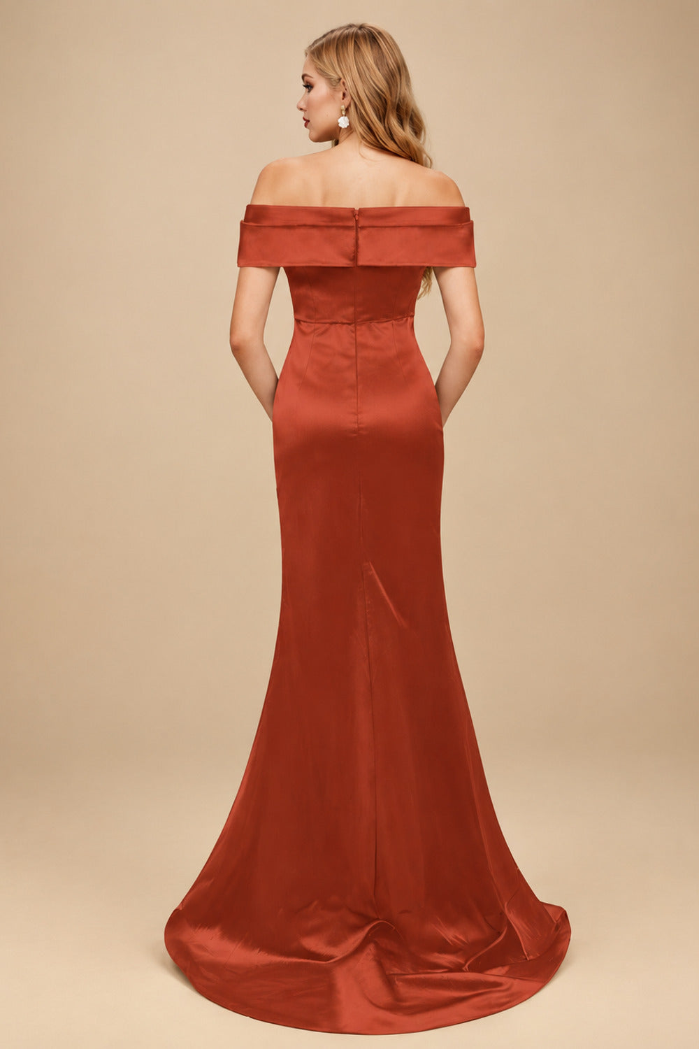 Rutipo Terracotta Trumpet/Mermaid Off-The-Shoulder Sleeveless Sweep Train Satin Bridesmaid Dresses
