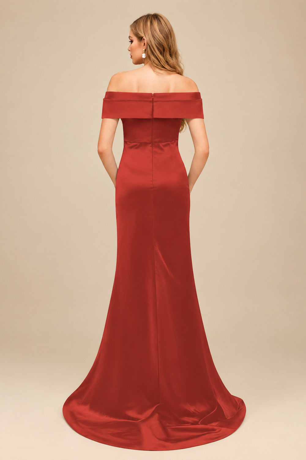 Rutipo Vermilion Trumpet/Mermaid Off-The-Shoulder Sleeveless Sweep Train Satin Bridesmaid Dresses