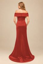 Rutipo Vermilion Trumpet/Mermaid Off-The-Shoulder Sleeveless Sweep Train Satin Bridesmaid Dresses