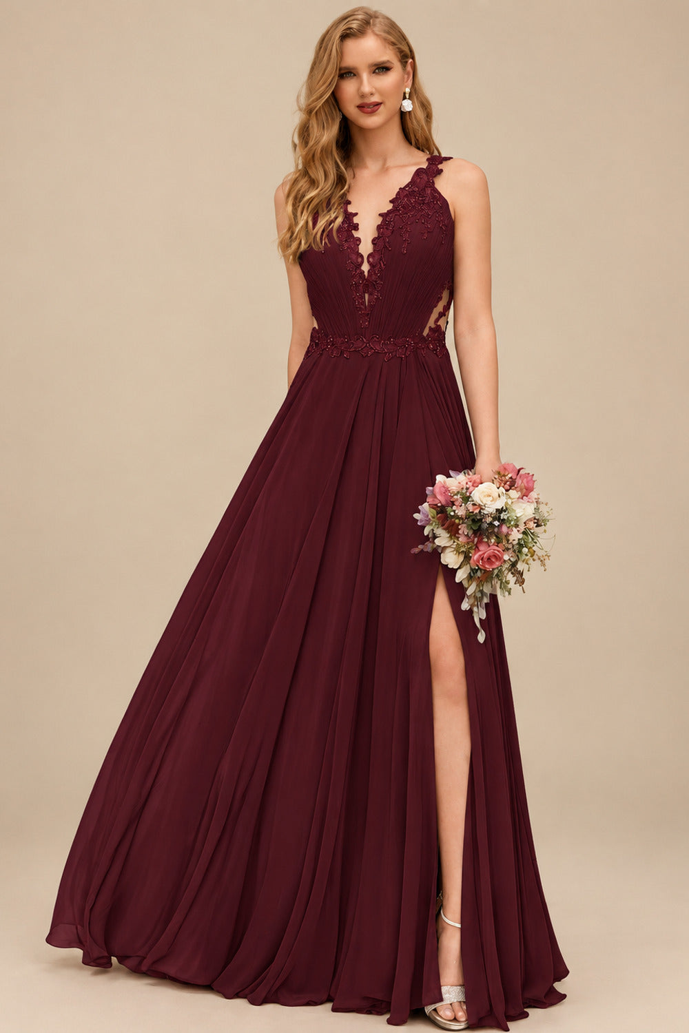 Rutipo Cabernet A-Line V-Neck Sleeveless Chiffon Bridesmaid Dresses With Lace/High Split