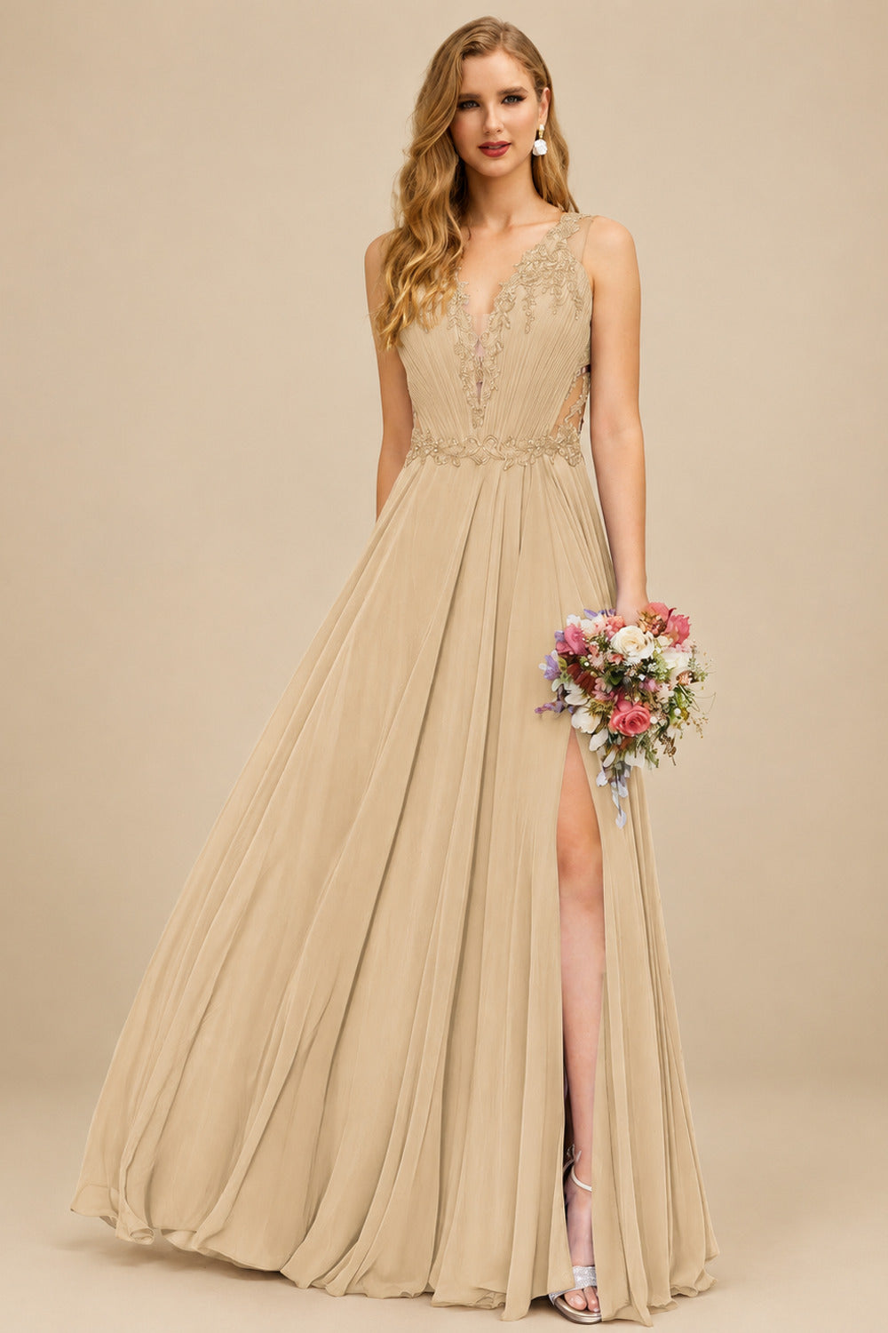 Rutipo Champagne A-Line V-Neck Sleeveless Chiffon Bridesmaid Dresses With Lace/High Split