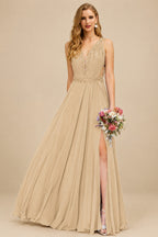 Rutipo Champagne A-Line V-Neck Sleeveless Chiffon Bridesmaid Dresses With Lace/High Split
