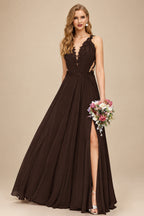 Rutipo Chocolate A-Line V-Neck Sleeveless Chiffon Bridesmaid Dresses With Lace/High Split
