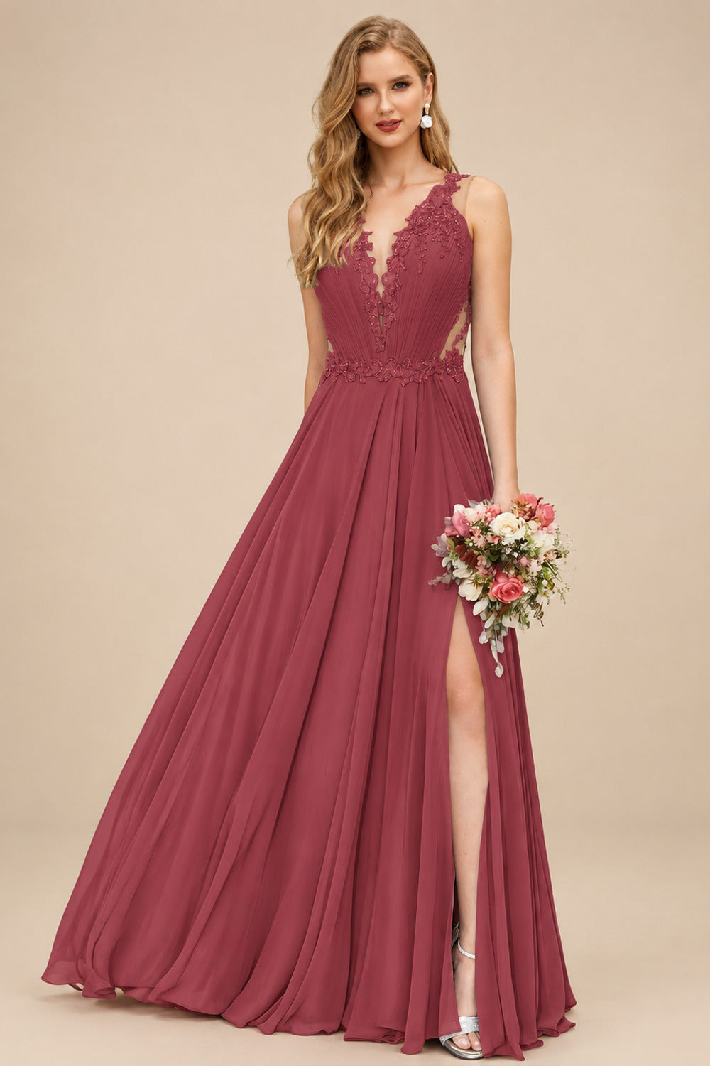 Rutipo Cinnamon Rose A-Line V-Neck Sleeveless Chiffon Bridesmaid Dresses With Lace/High Split