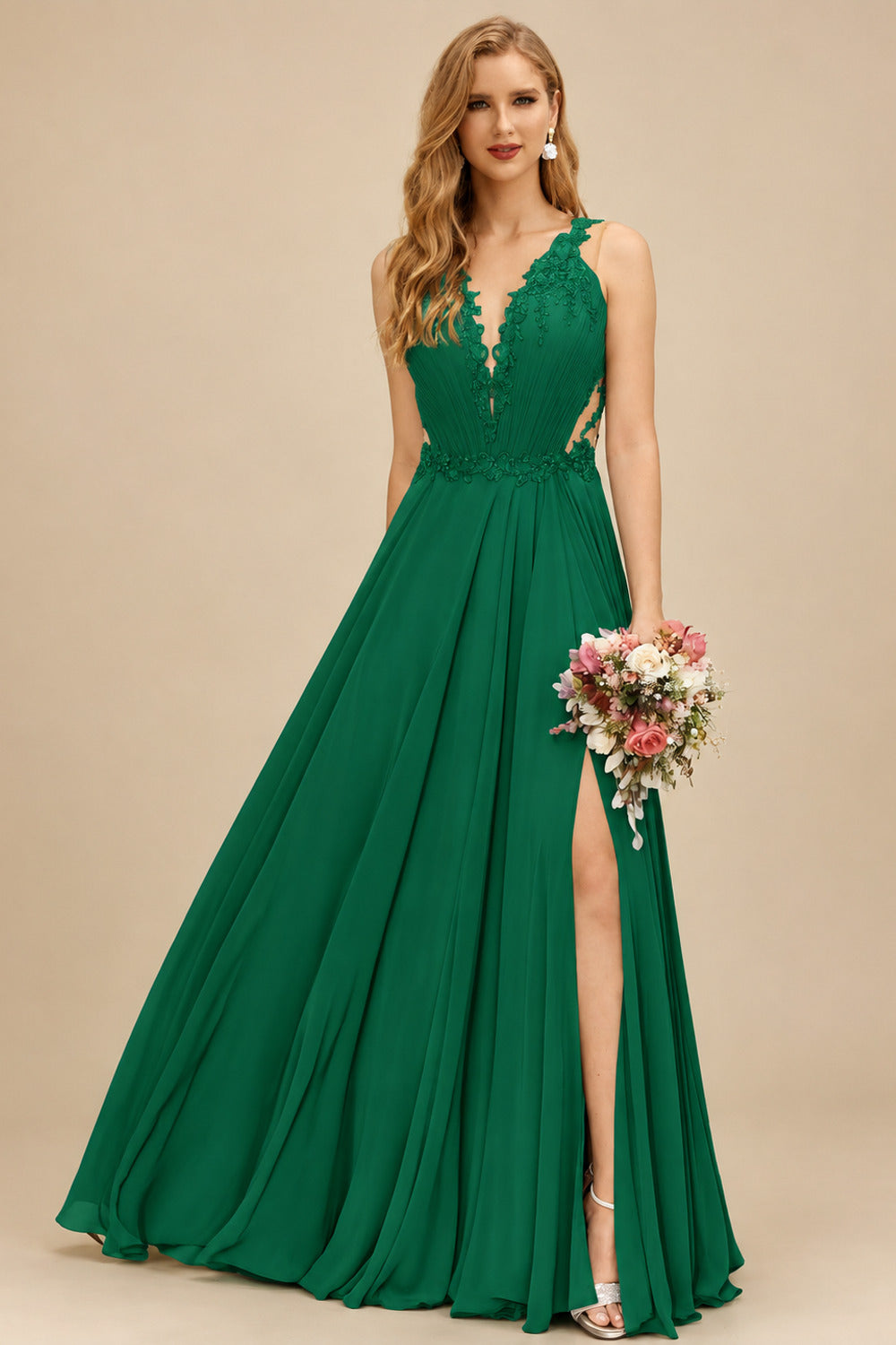 Rutipo Forest Green A-Line V-Neck Sleeveless Chiffon Bridesmaid Dresses With Lace/High Split
