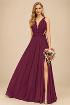 Rutipo Mulberry A-Line V-Neck Sleeveless Chiffon Bridesmaid Dresses With Lace/High Split
