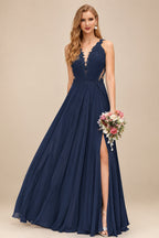 Rutipo Navy Blue A-Line V-Neck Sleeveless Chiffon Bridesmaid Dresses With Lace/High Split