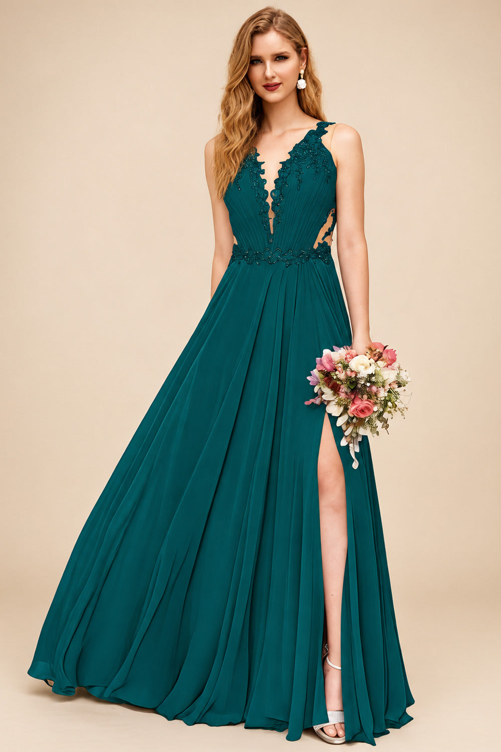 Rutipo Peacock A-Line V-Neck Sleeveless Chiffon Bridesmaid Dresses With Lace/High Split