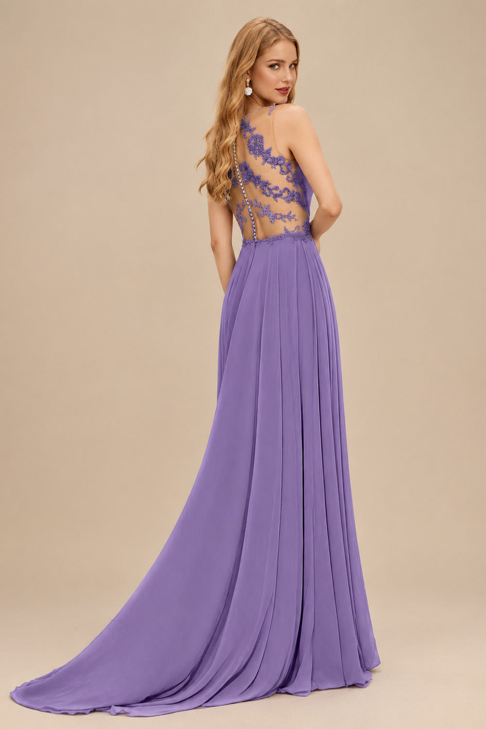 Rutipo Tahiti A-Line V-Neck Sleeveless Chiffon Bridesmaid Dresses With Lace/High Split