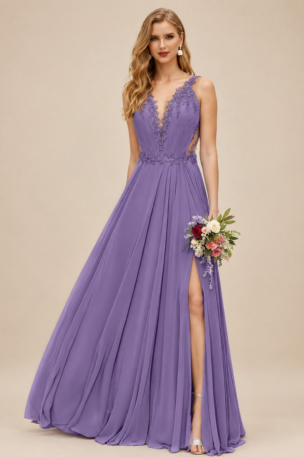 Rutipo Tahiti A-Line V-Neck Sleeveless Chiffon Bridesmaid Dresses With Lace/High Split