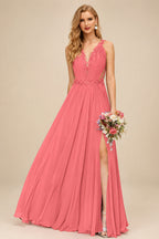 Rutipo Watermelon A-Line V-Neck Sleeveless Chiffon Bridesmaid Dresses With Lace/High Split