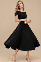 Rutipo Black A-Line Off-The-Shoulder Short Sleeves Tea-Length Elastic Satin Bridesmaid Dresses
