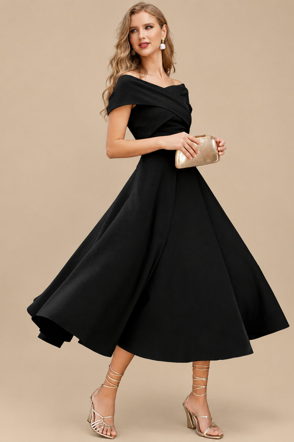 Rutipo Black A-Line Off-The-Shoulder Short Sleeves Tea-Length Elastic Satin Bridesmaid Dresses