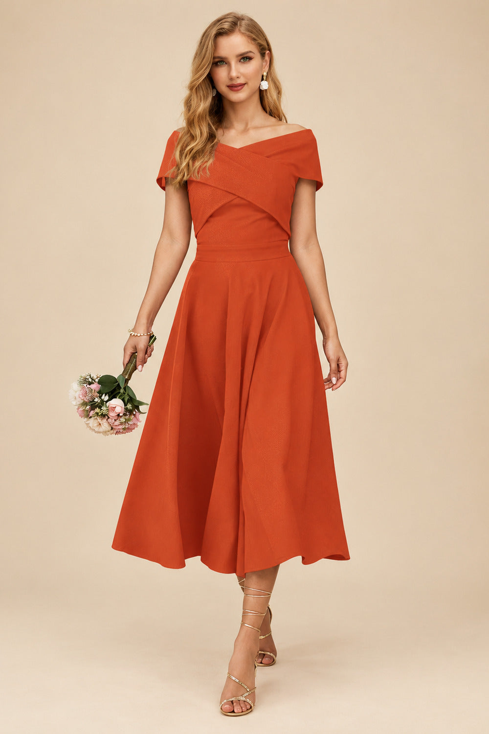 Rutipo Burnt Orange A-Line Off-The-Shoulder Short Sleeves Tea-Length Elastic Satin Bridesmaid Dresses