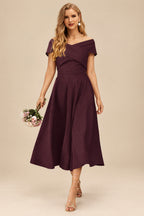 Rutipo Cabernet A-Line Off-The-Shoulder Short Sleeves Tea-Length Elastic Satin Bridesmaid Dresses
