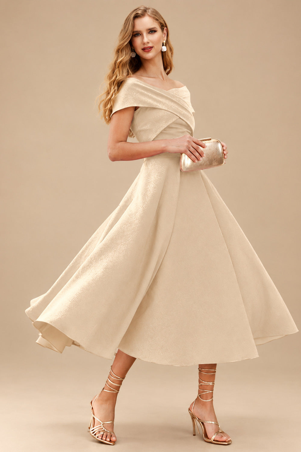 Rutipo Champagne A-Line Off-The-Shoulder Short Sleeves Tea-Length Elastic Satin Bridesmaid Dresses