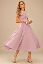Rutipo Dusty Rose A-Line Off-The-Shoulder Short Sleeves Tea-Length Elastic Satin Bridesmaid Dresses