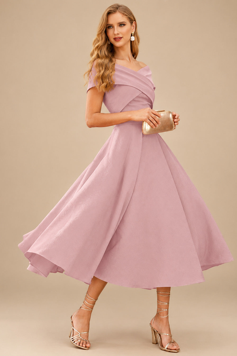 Rutipo Dusty Rose A-Line Off-The-Shoulder Short Sleeves Tea-Length Elastic Satin Bridesmaid Dresses