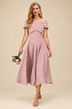 Rutipo Dusty Rose A-Line Off-The-Shoulder Short Sleeves Tea-Length Elastic Satin Bridesmaid Dresses