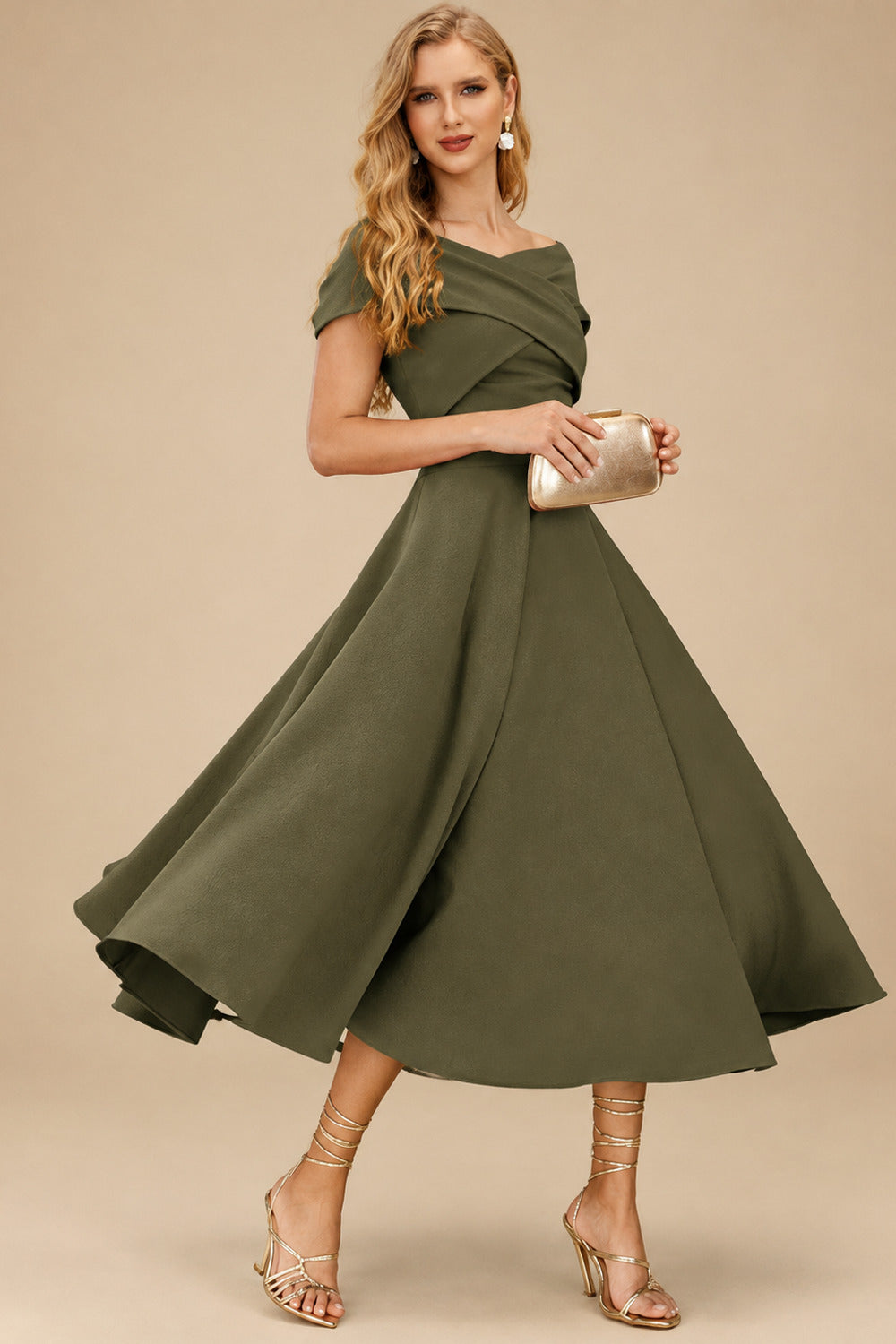 Rutipo Olive Green A-Line Off-The-Shoulder Short Sleeves Tea-Length Elastic Satin Bridesmaid Dresses
