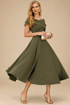 Rutipo Olive Green A-Line Off-The-Shoulder Short Sleeves Tea-Length Elastic Satin Bridesmaid Dresses