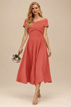 Rutipo Papaya A-Line Off-The-Shoulder Short Sleeves Tea-Length Elastic Satin Bridesmaid Dresses