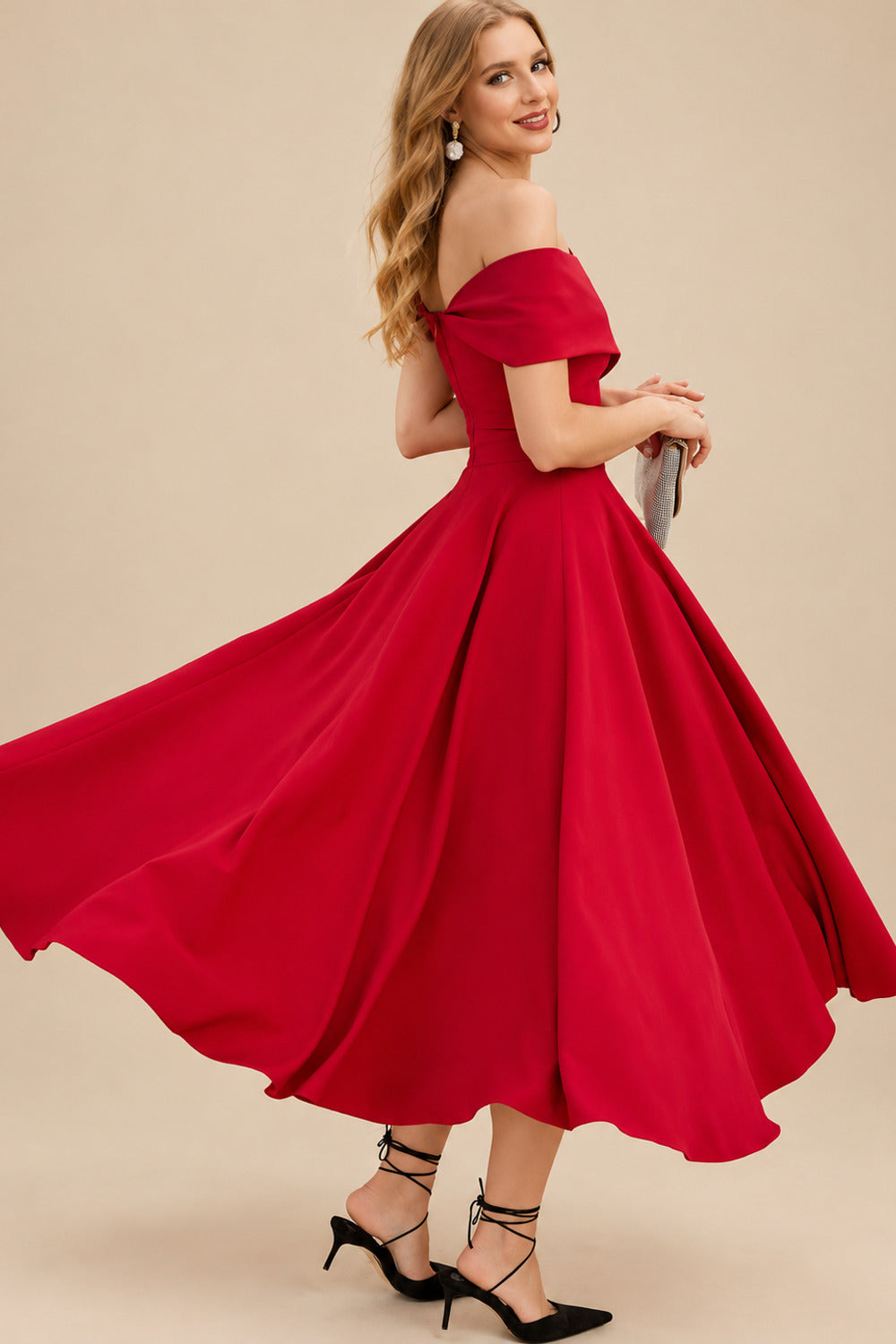 Rutipo Red A-Line Off-The-Shoulder Short Sleeves Tea-Length Elastic Satin Bridesmaid Dresses