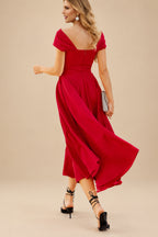 Rutipo Red A-Line Off-The-Shoulder Short Sleeves Tea-Length Elastic Satin Bridesmaid Dresses