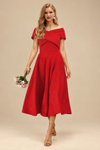 Rutipo Red A-Line Off-The-Shoulder Short Sleeves Tea-Length Elastic Satin Bridesmaid Dresses