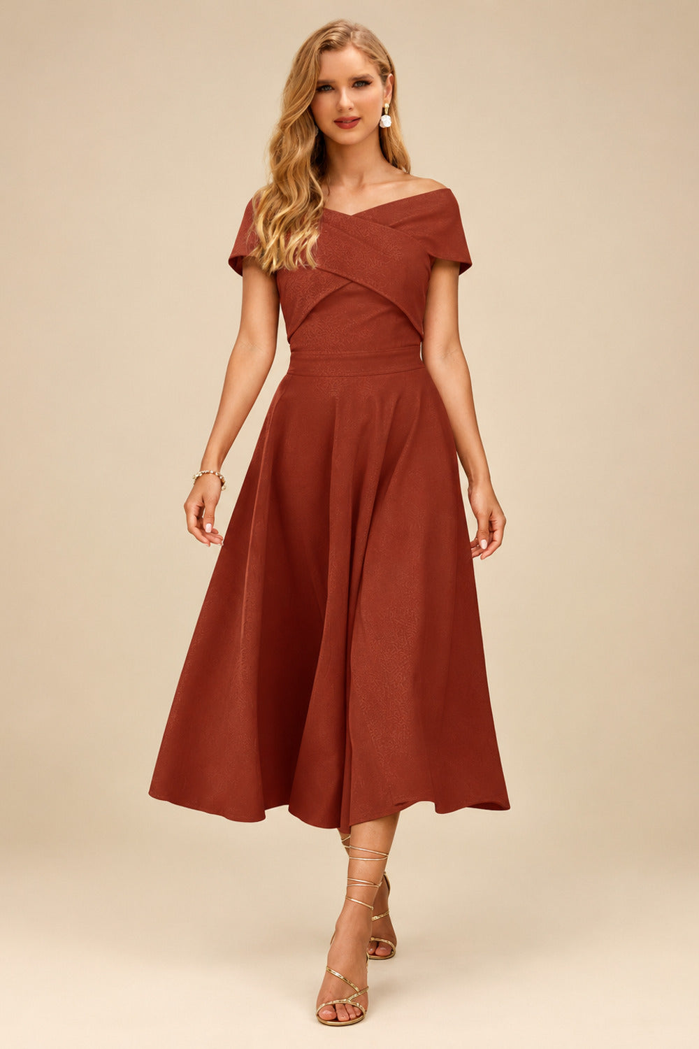 Rutipo Vermilion A-Line Off-The-Shoulder Short Sleeves Tea-Length Elastic Satin Bridesmaid Dresses