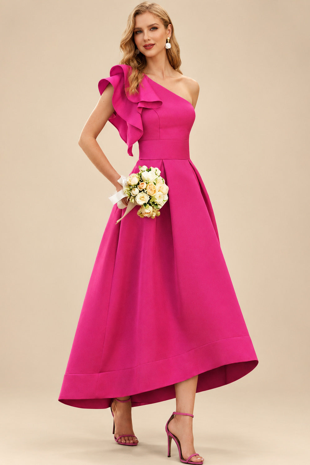 Rutipo As Picture A-Line One-Shoulder Sleeveless Asymmetrical Satin Bridesmaid Dresses With Pockets