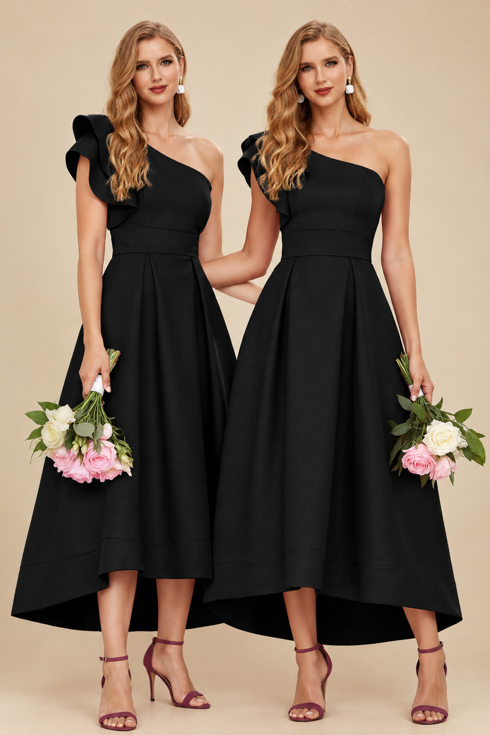 Rutipo Black A-Line One-Shoulder Sleeveless Asymmetrical Satin Bridesmaid Dresses With Pockets