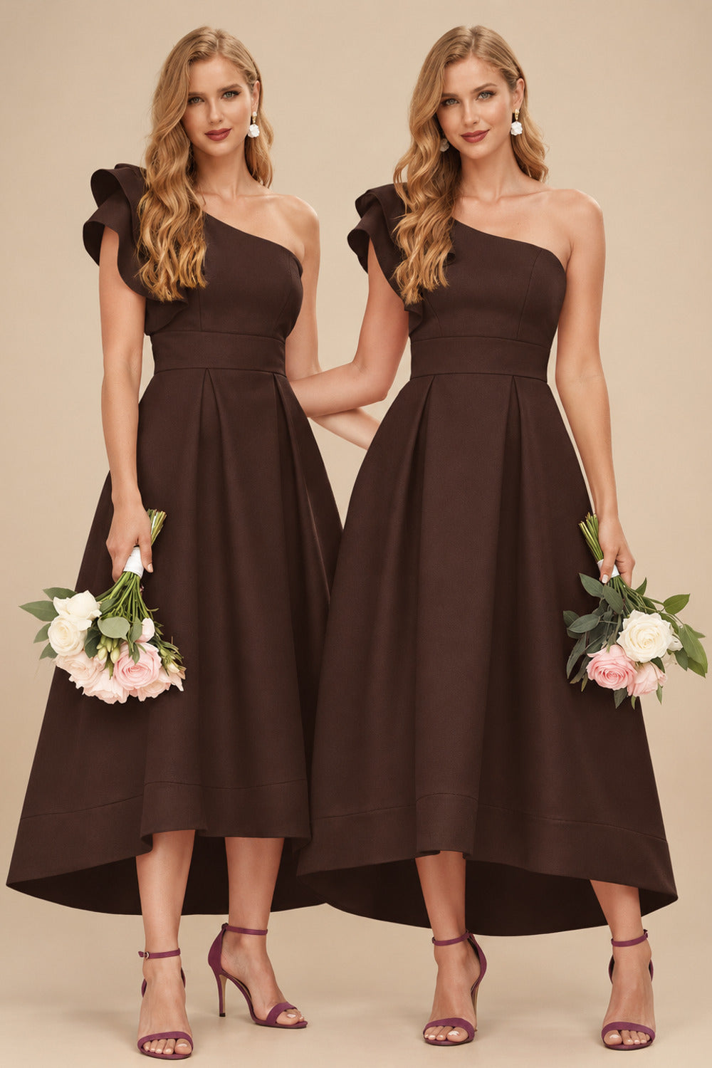 Rutipo Chocolate A-Line One-Shoulder Sleeveless Asymmetrical Satin Bridesmaid Dresses With Pockets